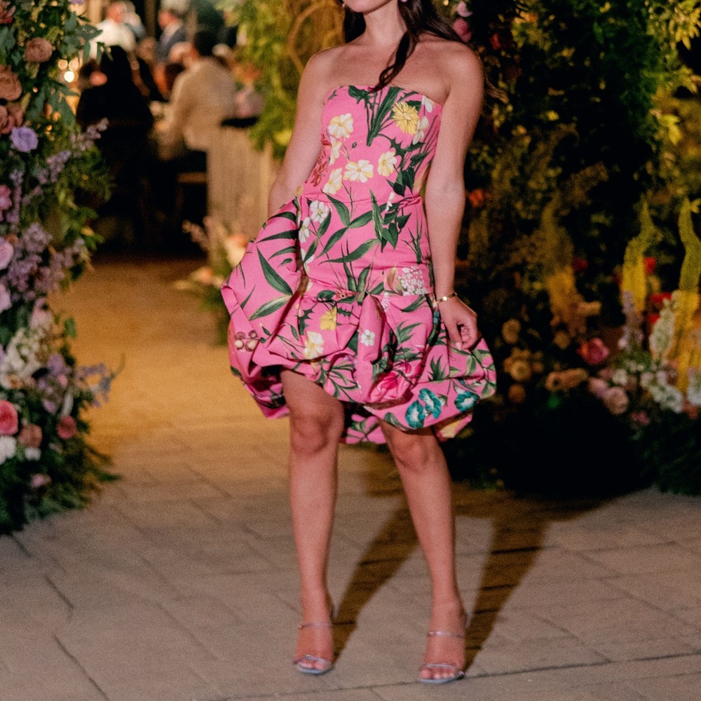 Oscar de la Renta Floral Tapestry-Print Draped Balloon-Hem Dress